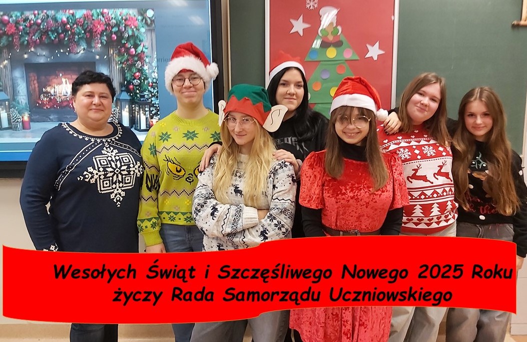 Zdjęcie uczni&oacute;w z Rady SU składających życzenia